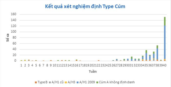 Biểu đồ kết quả xét nghiệm định type cúm tính đến tuần 40/2026 tại TPHCM