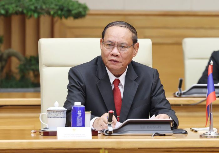  Đồng chí Vilay Lakhamfong, Thường trực Ban Bí thư Trung ương Đảng Nhân dân Cách mạng Lào phát biểu tại buổi làm việc. Ảnh: QUANG PHÚC 