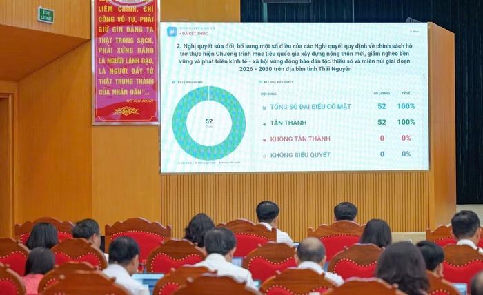 Các đại biểu thực hiện bỏ phiếu bằng phương pháp điện tử để thống nhất thông qua các nghị quyết tại Kỳ họp. Ảnh: thainguyen.gov.vn