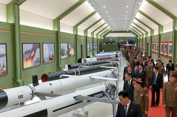 Hệ thống pháo phản lực phóng loạt (trái) và tên lửa hành trình (phải). (Ảnh: Rodong Sinmun)