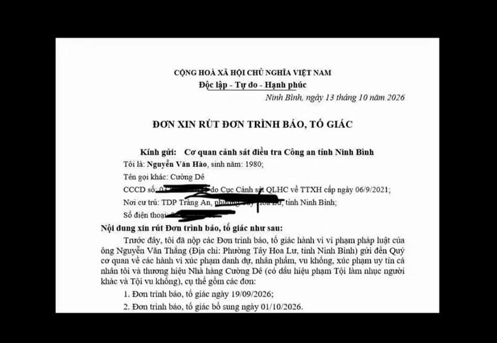 Lá đơn được đăng tải trên FB nhà hàng Cường Dê.