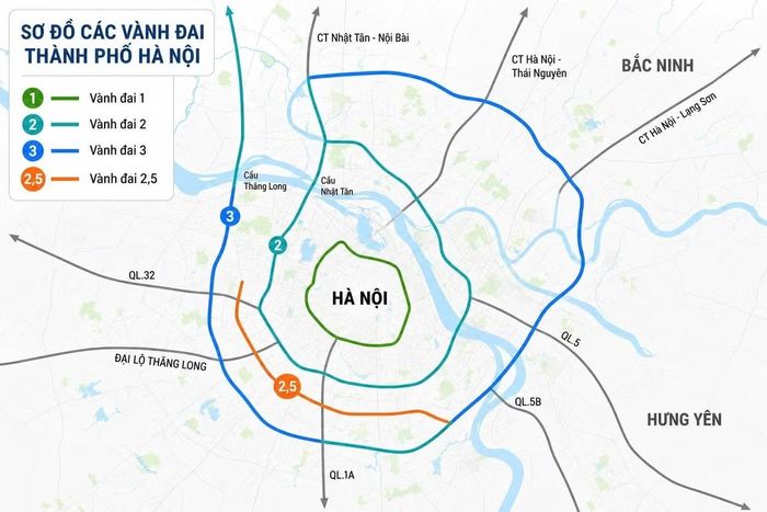 Vị trí tuyến Vành đai 2,5 (màu cam đậm) trên bản đồ giao thông Hà Nội. Tuyến nằm giữa Vành đai 2 và Vành đai 3, kết nối các khu vực trong mạng lưới giao thông của Thủ đô.