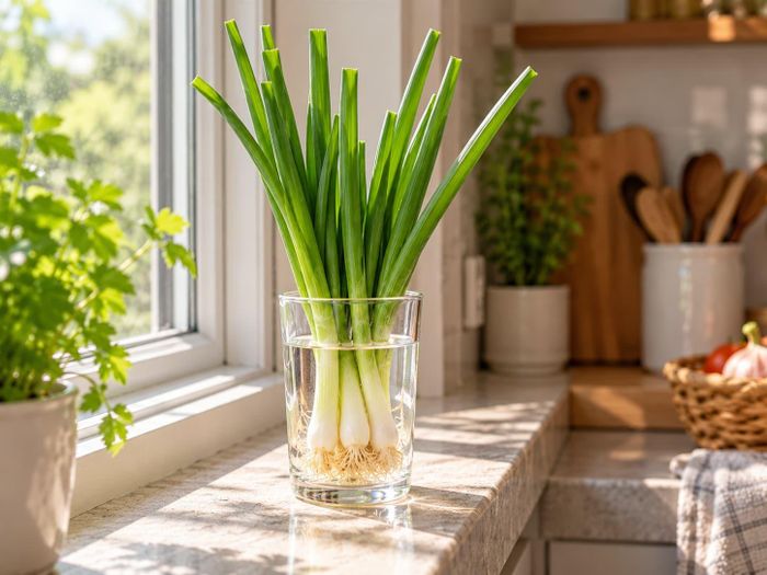 Bảo quản trong cốc nước giúp hành lá tươi lâu và thậm chí có thể mọc lại. Ảnh: AI