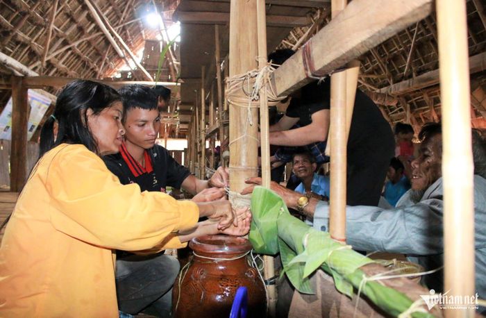 Già làng Y Brỏi (áo vàng), làng Kon Go là người buộc ghè rượu đầu tiên, sau đó các hộ trong làng sẽ kéo sợi dây từ vị trí cột của già làng về gia đình mình. Ảnh: Ngọc Chí