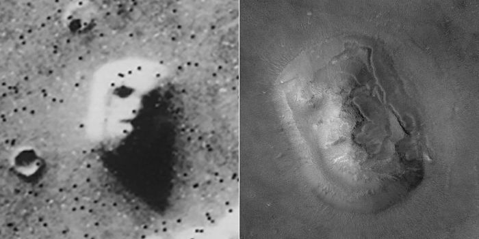 Hình ảnh 'khuôn mặt trên sao Hoả' ban đầu được chụp bởi tàu vũ trụ Viking 1 Orbiter của NASA vào ngày 25/7/1976 (Ảnh trái). Một hình ảnh gần đây hơn về đặc điểm tương tự do Camera quỹ đạo sao Hoả của Mars Global Surveyor thực hiện vào ngày 8/4/2001 (ảnh phải) cho thấy nó thực sự trông không giống một khuôn mặt chút nào. Nguồn: NASA/JPL