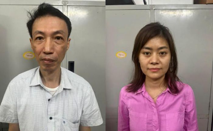 Hai bị can Đỗ Viễn Phương và Nguyễn Thị Biển tại cơ quan công an. Ảnh: CACC