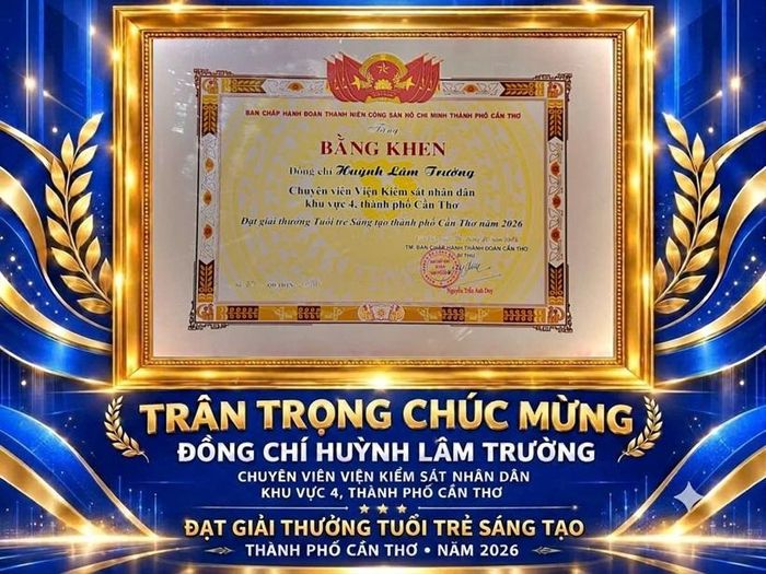  Bằng khen của Ban Chấp hành Thành đoàn Cần Thơ trao tặng đồng chí Huỳnh Lâm Trường, được thể hiện trong thiết kế chúc mừng Giải thưởng “Tuổi trẻ sáng tạo” năm 2026.