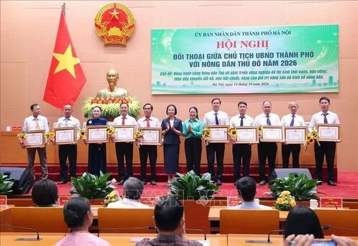 Các cá nhân được nhận Bằng khen của Chủ tịch Ủy ban nhân dân thành phố Hà Nội. Ảnh: Văn Điệp/TTXVN