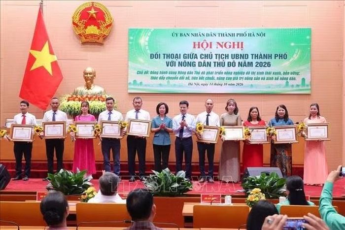Các cá nhân được nhận Bằng khen của Chủ tịch Ủy ban nhân dân thành phố Hà Nội. Ảnh: Văn Điệp/TTXVN