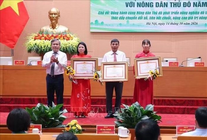 Chủ tịch Ủy ban nhân dân thành phố Hà Nội Vũ Đại Thắng trao Bằng khen của Thủ tướng Chính phủ cho 3 nông dân Thủ đô xuất sắc năm 2026. Ảnh: Văn Điệp/TTXVN