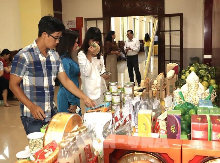 Đại biểu tìm hiểu các sản phẩm tiêu biểu của các doanh nghiệp tỉnh Đồng Tháp. Ảnh: Hồng Nhung – TTXVN