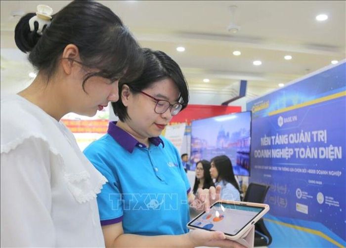 Đại diện Công ty cổ phần Công nghệ Viindoo giới thiệu phần mềm quản trị doanh nghiệp với khách hàng. Ảnh: Minh Thu/TTXVN