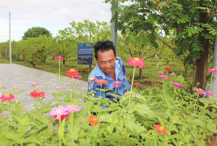 Ông Đặng Văn Tuấn chăm sóc vườn hoa trước nhà mình