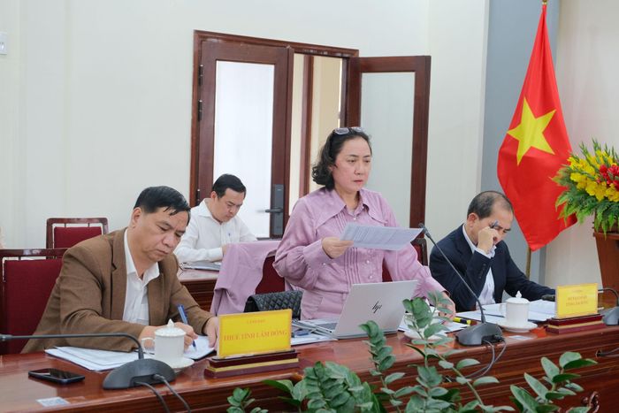 Bà Bùi Thị Hồng Thủy, Phó Giám đốc Sở Tài chính nêu báo cáo tại cuộc họp