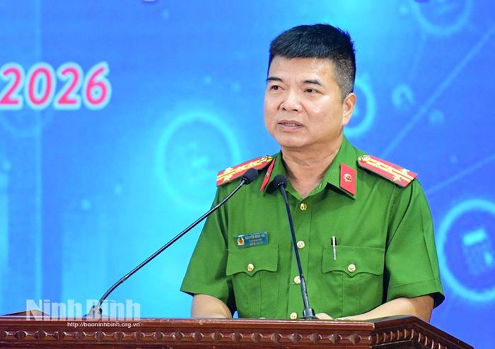 Đại tá Nguyễn Minh Hải, Phó Giám đốc Công an tỉnh phát biểu tại Lễ phát động.