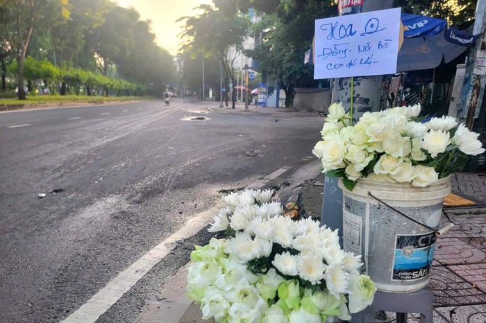 Những chậu hoa cúc, sen trắng “0 đồng” tại khu vực ga Metro Thảo Điền phục vụ cho người dân đưa tiễn hài cốt liệt sĩ. Ảnh: Quang Phương