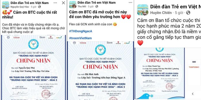Hình ảnh phụ huynh vui mừng chia sẻ cảm xúc sau khi các con nhận được giấy chứng nhận từ BTC.
