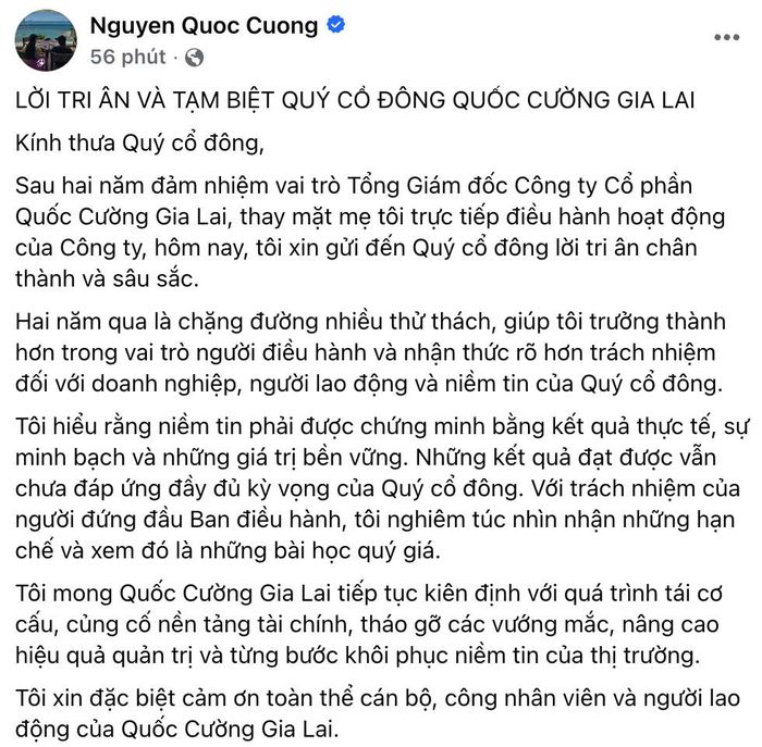 Bài đăng của Cường Đô La sau khi rời vị trí Tổng giám đốc Quốc Cường Gia Lai. Ảnh chụp màn hình
