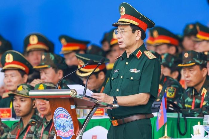 Đại tướng Phan Văn Giang phát biểu khai mạc Diễn tập chung về phòng thủ dân sự giữa Quân đội ba nước Việt Nam - Lào - Campuchia năm 2026. Ảnh: Quang Vinh