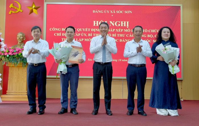 Thường trực Đảng ủy xã Sóc Sơn trao quyết định thành lập Chi bộ Ban Xây dựng Đảng. Ảnh: Tùng Nguyễn