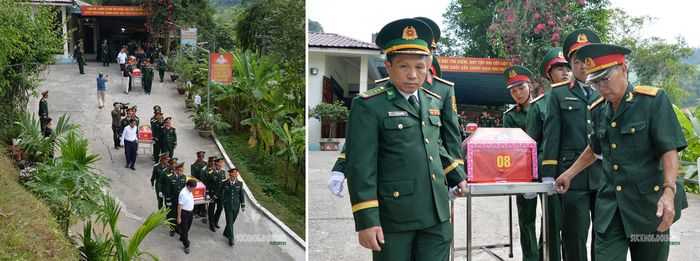 Các hài cốt liệt sĩ lần lượt được đưa ra khỏi Đội Tìm kiếm, quy tập hài cốt liệt sĩ (thôn Giang Nam, xã Thanh Thủy). Ảnh: Tuấn Anh