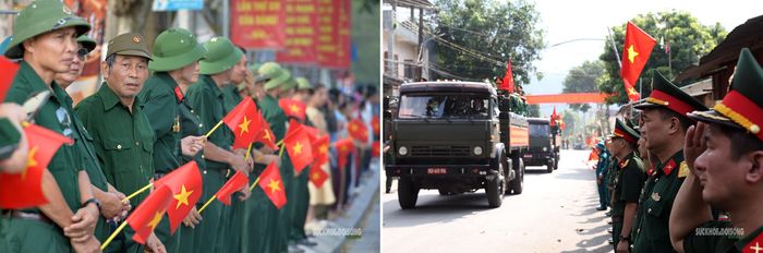Các cựu chiến binh đứng hai bên đường, nghiêm trang chào đồng đội trở về. Ảnh: Tuấn Anh