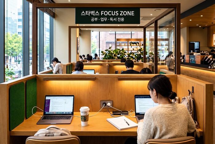 Khu vực Focus Zone tại Starbucks Hàn Quốc được thiết kế dành riêng cho khách đọc sách, học tập và làm việc, với chỗ ngồi 1-2 người, có vách ngăn và ổ cắm điện. Ảnh: Hjsong.net.