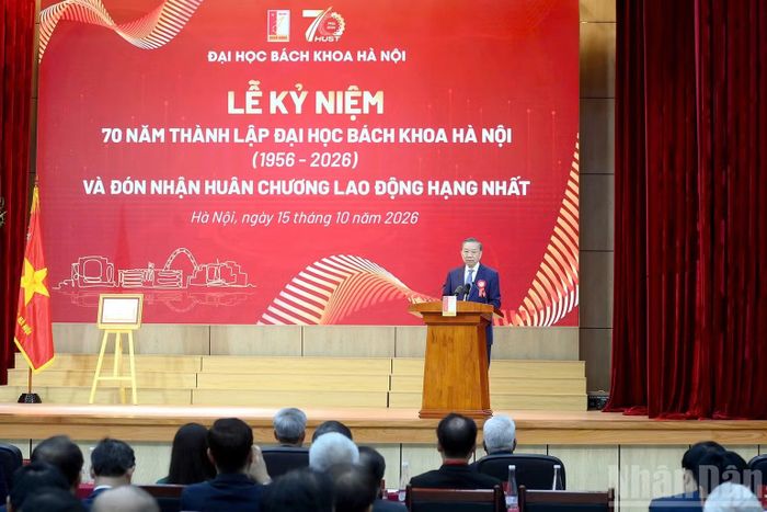 Tổng Bí thư, Chủ tịch nước Tô Lâm phát biểu tại Lễ kỷ niệm 70 năm thành lập Đại học Bách khoa Hà Nội. (Ảnh: ĐĂNG KHOA)