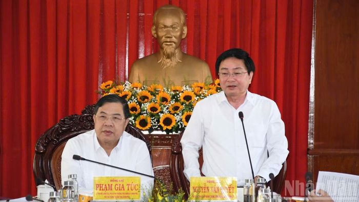Ủy viên Trung ương Đảng, Bí thư Tỉnh ủy Tây Ninh Nguyễn Văn Quyết phát biểu. (Ảnh: THANH PHONG)