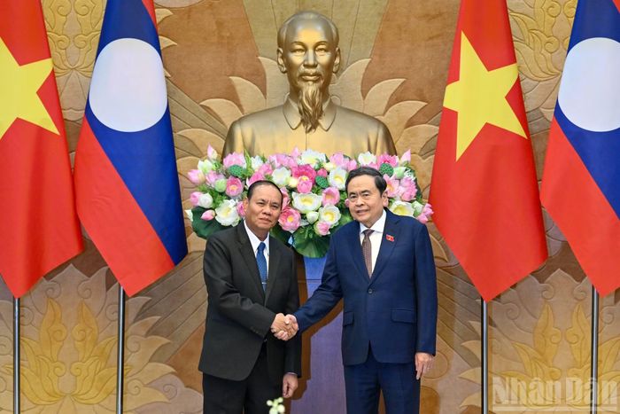 Chủ tịch Quốc hội Trần Thanh Mẫn và Thường trực Ban Bí thư Trung ương Đảng Nhân dân Cách mạng Lào Vilay Lakhamphong tại cuộc tiếp.