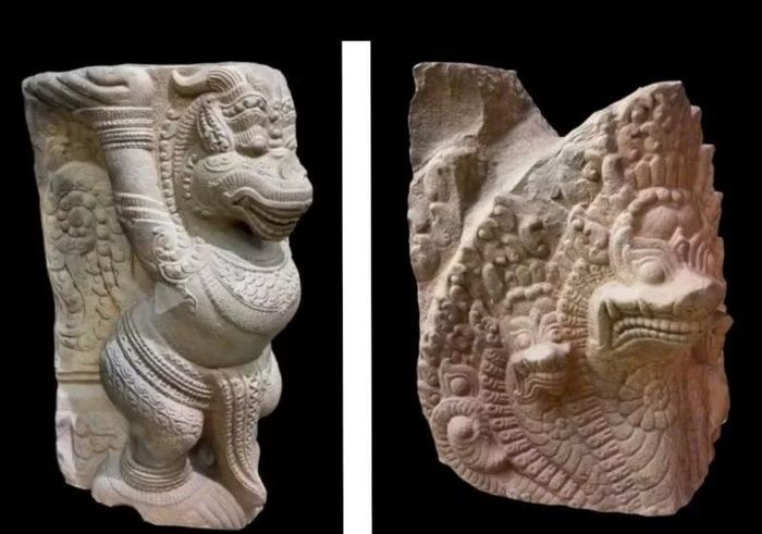 Hiện vật sư tử Tháp Mẫm (trái) và rắn Naga Tháp Dương Long (phải) ở Bảo tàng Gia Lai đã được ứng dụng công nghệ photogrammetry trong trưng bày, bảo tồn. (Ảnh: Viện Khoa học xã hội vùng Nam Bộ)