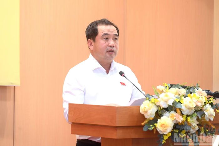 Đồng chí Trần Đức Thắng, Ủy viên Bộ Chính trị, Bí thư Thành ủy, Trưởng Đoàn đại biểu Quốc hội thành phố Hà Nội phát biểu tại cuộc làm việc.