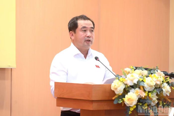 Đồng chí Trần Đức Thắng, Ủy viên Bộ Chính trị, Bí thư Thành ủy, Trưởng đoàn đại biểu Quốc hội thành phố Hà Nội phát biểu tại cuộc làm việc. (Ảnh: ĐĂNG KHOA)