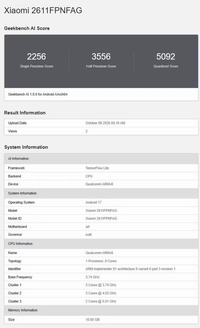 Điểm Geekbench AI được công bố cho thấy phiên bản hệ điều hành, dung lượng RAM và các lõi CPU. Ảnh: Gizmochina
