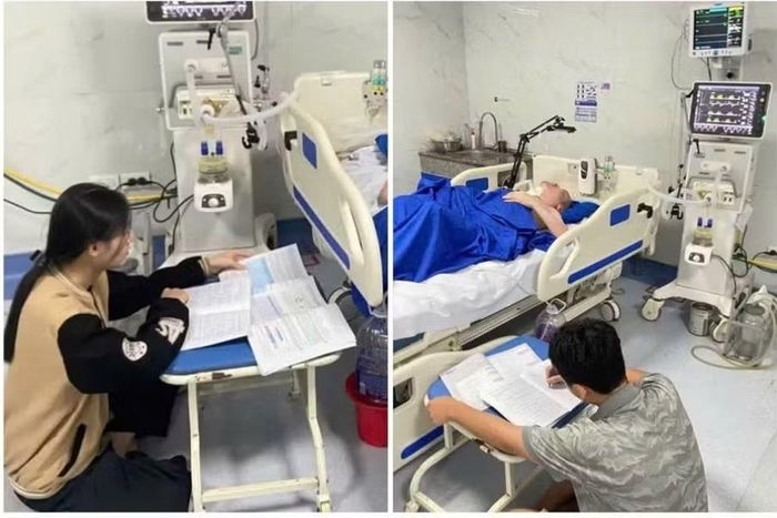 Sau mỗi giờ học là lần 2 chị em vừa học bài vừa chăm bố trong bệnh viện.
