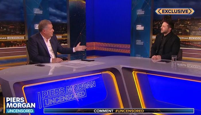 Ông Zelenskyy có cuộc trò chuyện với người dẫn chương trình nổi tiếng Piers Morgan trong chuyến thăm Vương quốc Anh. Ảnh chụp màn hình