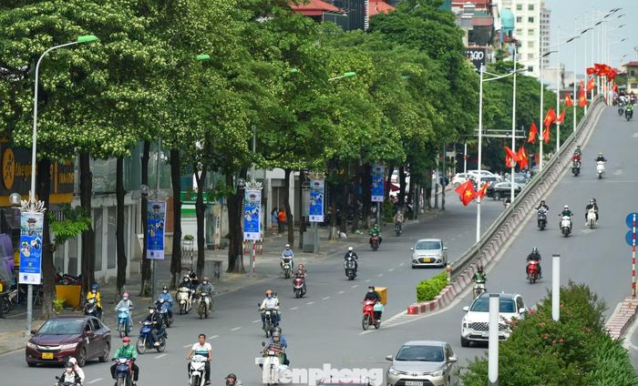 Trên tuyến đường Trần Duy Hưng, hàng chục cây hoa sữa được trồng thành hàng dài, bung nở hàng loạt.