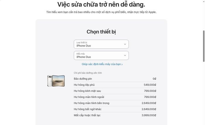 Chi phí sửa chữa iPhone Duo tại Việt Nam nếu mua gói AppleCare+. Ảnh chụp màn hình
