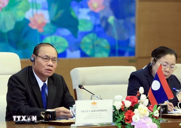 Thường trực Ban Bí thư Trung ương Đảng Nhân dân Cách mạng Lào phát biểu. (Ảnh: Tuấn Anh/TTXVN)
