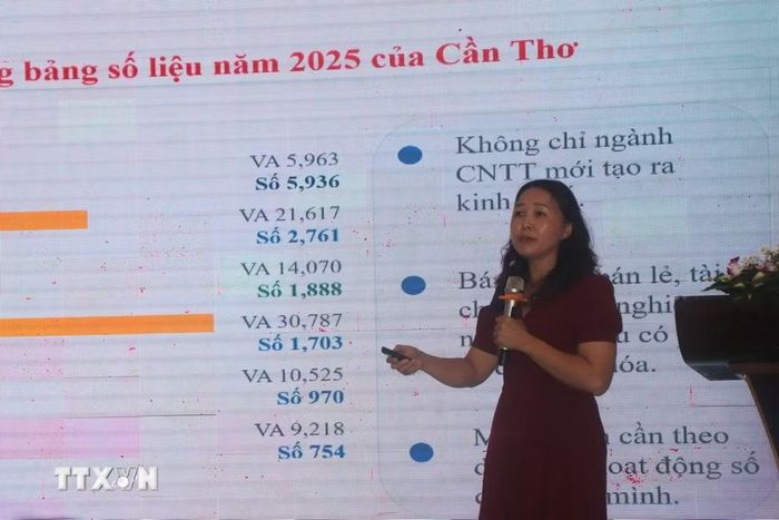 Bà Nguyễn Thị Huyền, Ban Hệ thống Tài khoản Quốc gia, Cục Thống kê (Bộ Tài chính) đề xuất giải pháp tăng quy mô và tỷ trọng kinh tế số trên địa bàn thành phố Cần Thơ. (Ảnh: Thu Hiền/TTXVN)