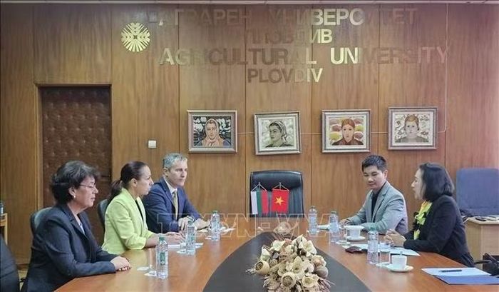 Đại sứ Việt Nam tại Bulgaria Nguyễn Thị Minh Nguyệt làm việc với lãnh đạo Đại học Nông nghiệp Plovdiv. Ảnh TTXVN phát