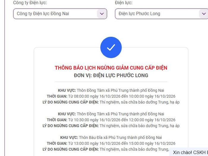 Lịch ngừng cấp điện tại Đồng Nai ngày mai 16/10 được cập nhật ngày 15/10 tại website của EVNSPC. Ảnh: BNEWS phát