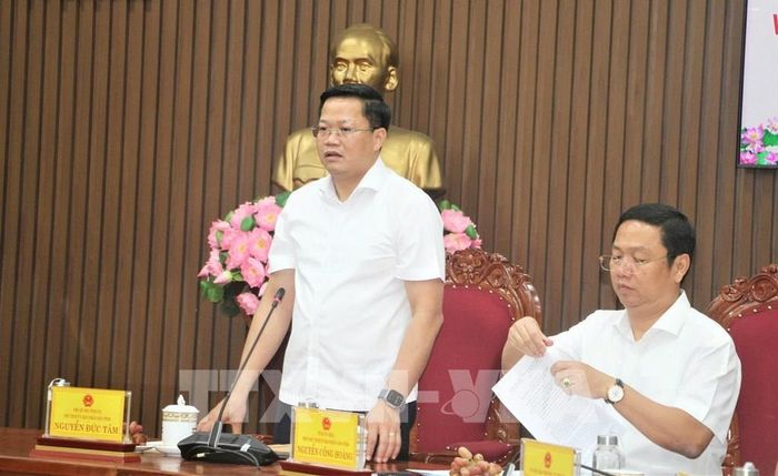 Chủ tịch UBND tỉnh Quảng Ngãi Nguyễn Đức Tâm phát biểu tại buổi làm việc. Ảnh: Phạm Cường-TTXVN