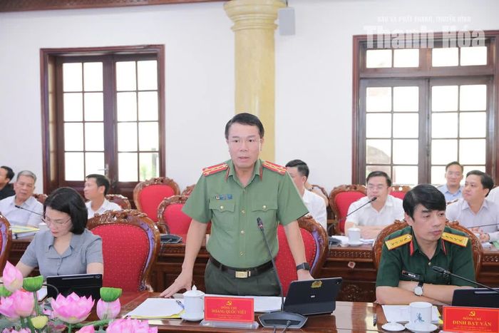 Giám đốc Công an tỉnh Hoàng Quốc Việt phát biểu tại hội nghị.