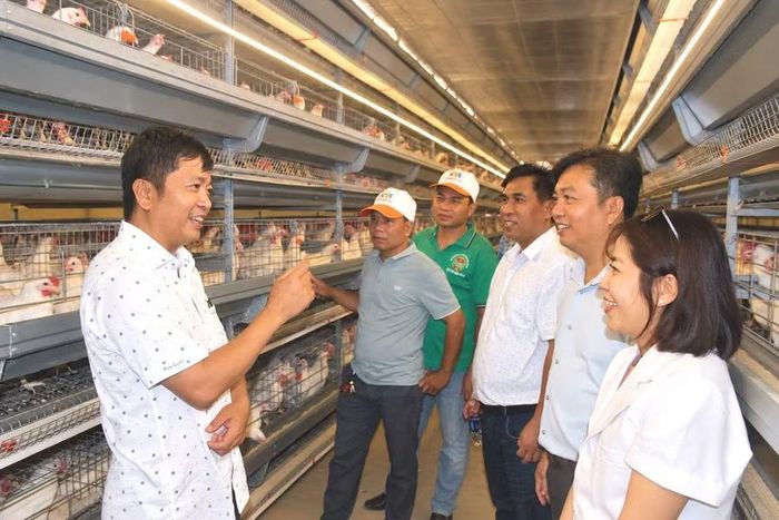  Ông Phan Quang Hoàng giới thiệu quy trình chăn nuôi gà đẻ trứng ứng dụng hệ thống tự động. Ảnh: Minh Chí 
