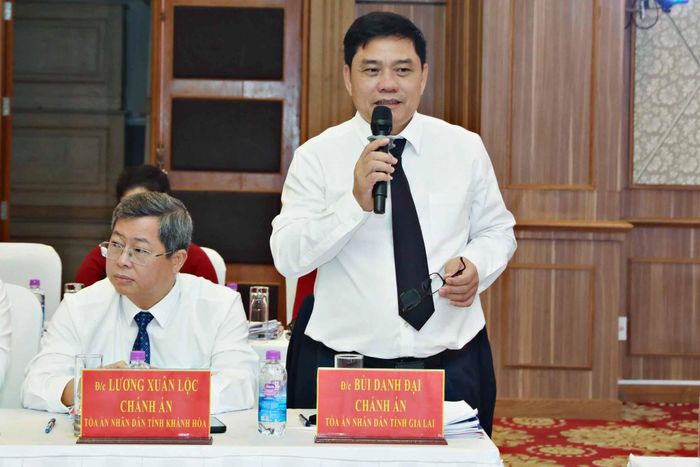 Chánh án Tòa án nhân dân tỉnh Gia Lai Bùi Danh Đại phát biểu trao đổi tại hội nghị