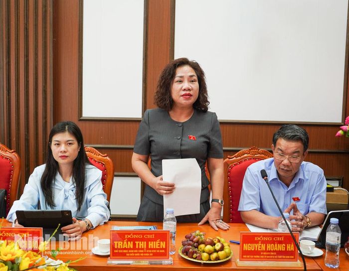 Bà Trần Thị Hiền, Chủ tịch Hội đồng quản trị, Giám đốc Công ty Cổ phần Xây dựng và phát triển hạ tầng kỹ thuật Hà Nam, ĐBQH tỉnh phát biểu tại hội nghị.
