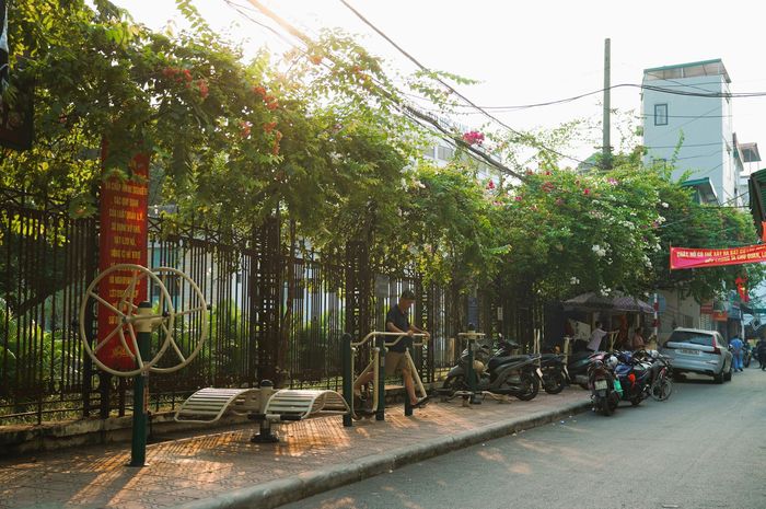 Hàng rào ngăn cách không gian công viên Thủ Lệ với khu dân cư tại ngõ 9 phố Đào Tấn (Giảng Võ), tạo ranh giới giữa cây xanh và nơi sinh sống của người dân.