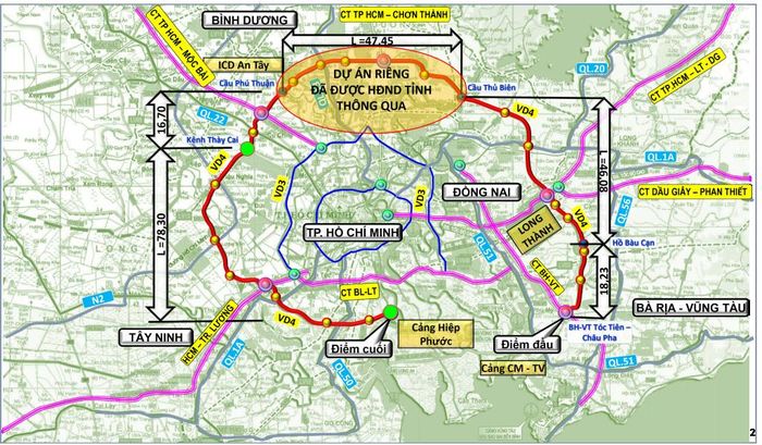 Đoạn đường Vành đai 4 TP.HCM qua địa bàn tỉnh Tây Ninh dài khoảng 74,5km đến 78,3km đi qua 15 xã. (Ảnh: CĐT)