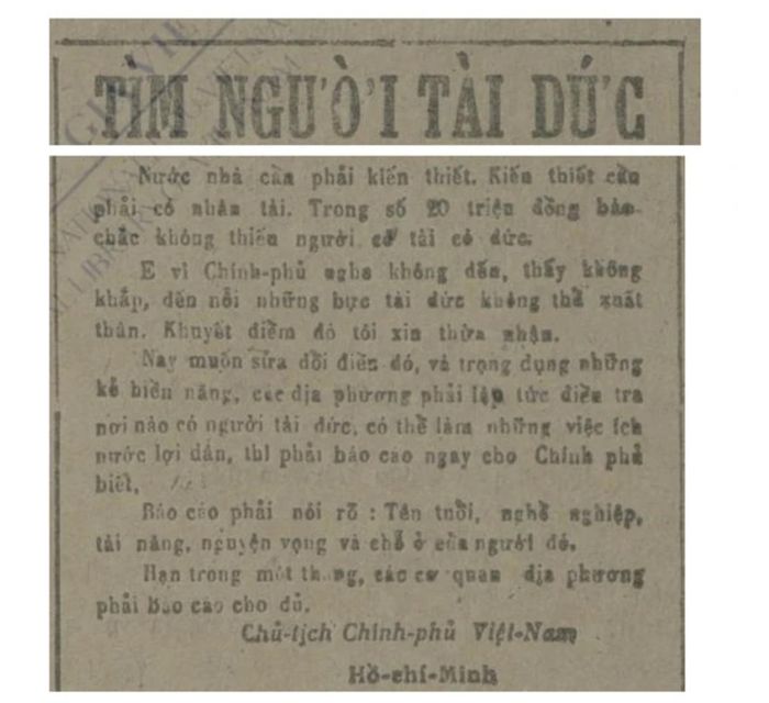 Bài viết “Tìm người tài đức của Chủ tịch Hồ Chí Minh” (Ảnh: Báo Thanh niên - Tư liệu Thư viện Quốc gia)